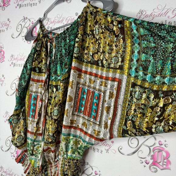 Costa Blanca open shoulder blouse top shirt paisley boho silky shimmer keyhole - Picture 2 of 12